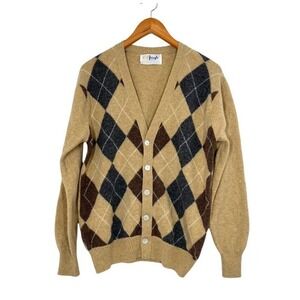 Vintage Pringle of Scotland Argyle Lambswool Cardigan Mens Sz 42 Camel Brown 80s